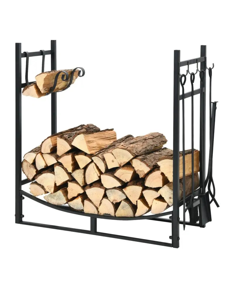 30 Inch Firewood Rack with 4 Tool Set Kindling Holders for Indoor and Outdoor - Black - Log Storage
