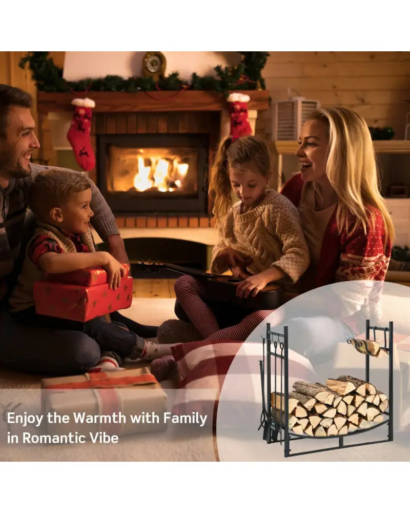 30 Inch Firewood Rack with 4 Tool Set Kindling Holders for Indoor and Outdoor - Black - Log Storage