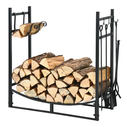 30 Inch Firewood Rack with 4 Tool Set Kindling Holders for Indoor and Outdoor - Black - Log Storage