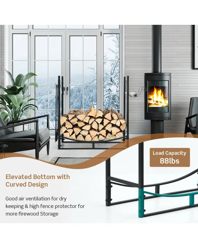 30 Inch Firewood Rack with 4 Tool Set Kindling Holders for Indoor and Outdoor - Black - Log Storage