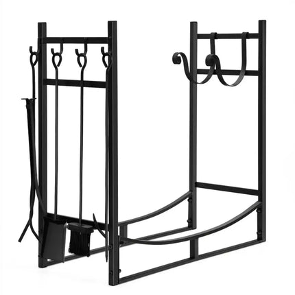 30 Inch Firewood Rack with 4 Tool Set Kindling Holders for Indoor and Outdoor - Black - Log Storage