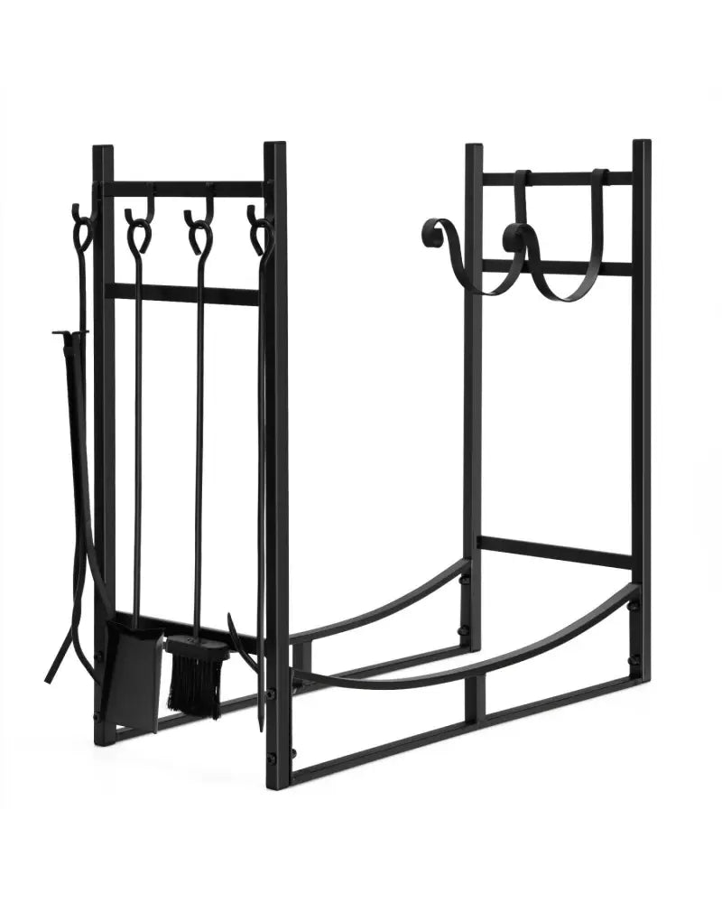 30 Inch Firewood Rack with 4 Tool Set Kindling Holders for Indoor and Outdoor - Black - Log Storage
