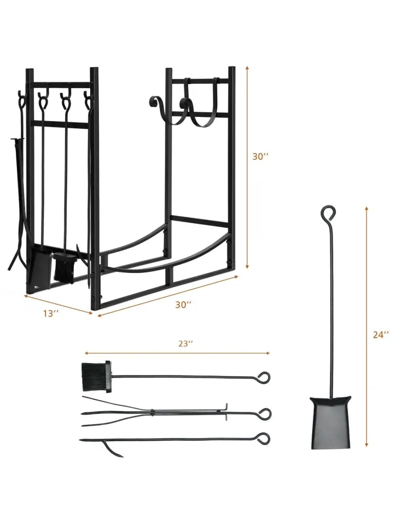 30 Inch Firewood Rack with 4 Tool Set Kindling Holders for Indoor and Outdoor - Black - Log Storage