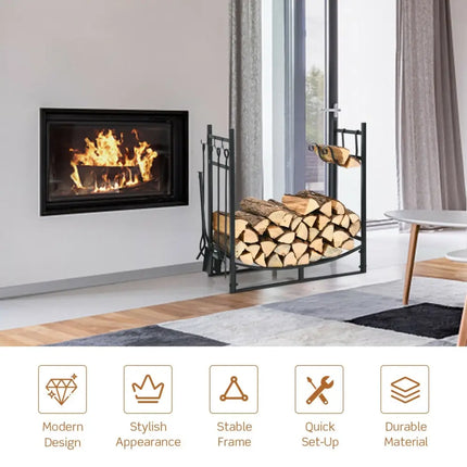 30 Inch Firewood Rack with 4 Tool Set Kindling Holders for Indoor and Outdoor - Black - Log Storage
