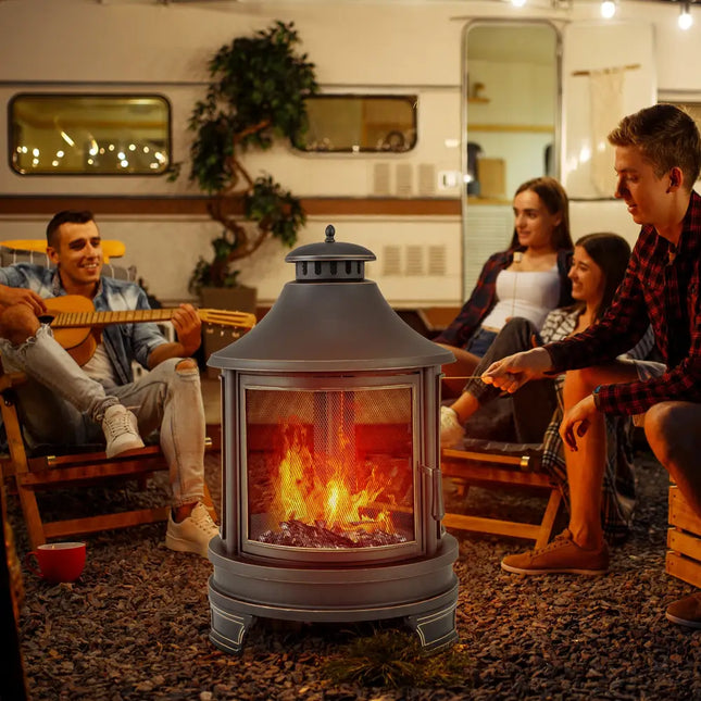 30 Inch Outdoor Fire Pit Chiminea with Grill for Garden BBQ - Black - Fire Pits