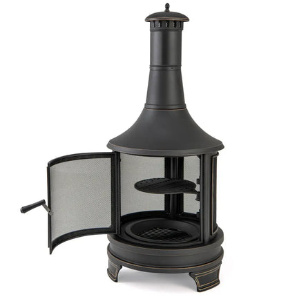 30 Inch Outdoor Fire Pit Chininea with Grill for Garden Backyard BBQ Bonfire Deck and Patio - Black - Fire Pits