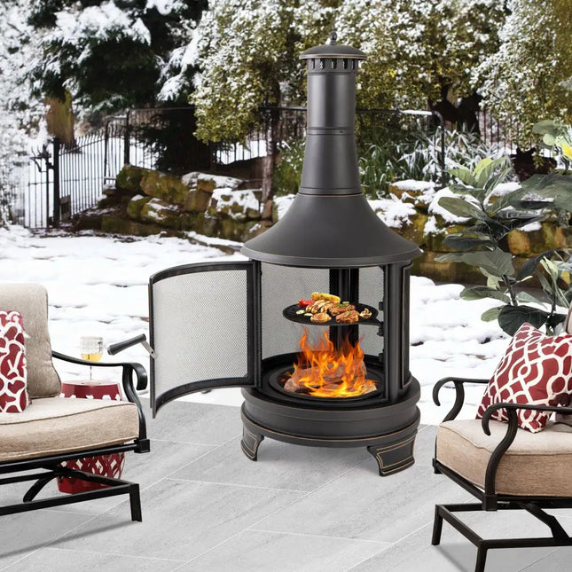 30 Inch Outdoor Fire Pit Chininea with Grill for Garden Backyard BBQ Bonfire Deck and Patio - Black - Fire Pits