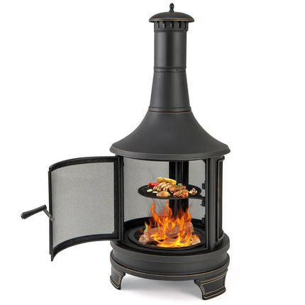 30 Inch Outdoor Fire Pit Chininea with Grill for Garden Backyard BBQ Bonfire Deck and Patio - Black - Fire Pits