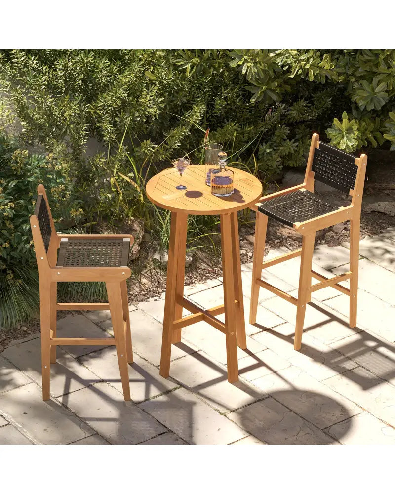 30 Inch Rattan Teak Wood Bar Stool with Backrest and Footrest - Patio Bar Furniture