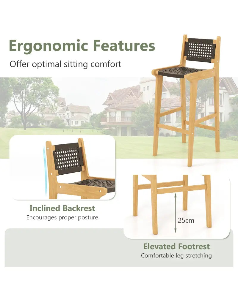 30 Inch Rattan Teak Wood Bar Stool with Backrest and Footrest - Patio Bar Furniture