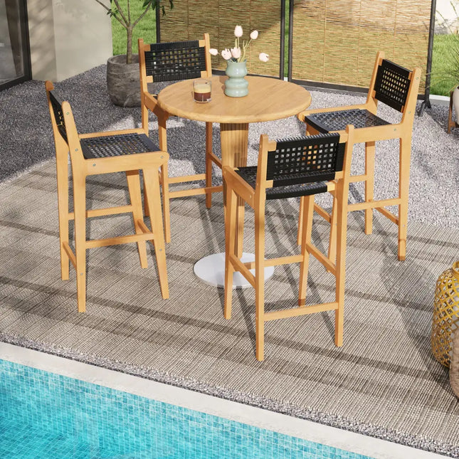 30 Inch Rattan Teak Wood Bar Stool with Backrest and Footrest - Patio Bar Furniture