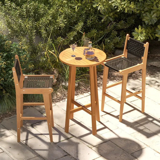 30 Inch Rattan Teak Wood Bar Stool with Backrest and Footrest - Patio Bar Furniture