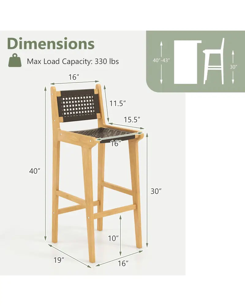 30 Inch Rattan Teak Wood Bar Stool with Backrest and Footrest - Patio Bar Furniture