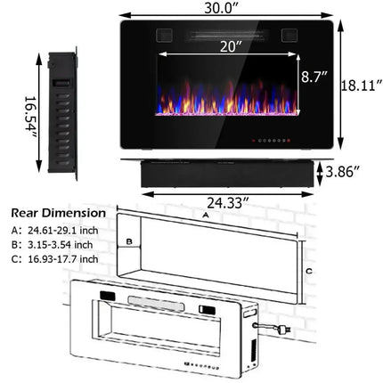 30-Inch Recessed Ultra Thin Electric Fireplace Heater with Glass Appearance Costway