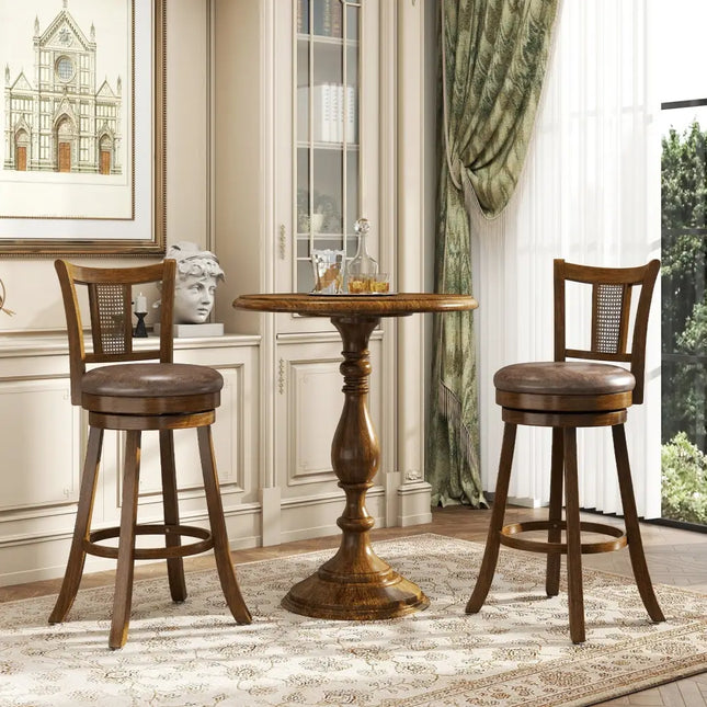 30 Inch Set of 2 Bar Stools with PE Rattan Backrest and Rubber Wood Frame-Brown Costway