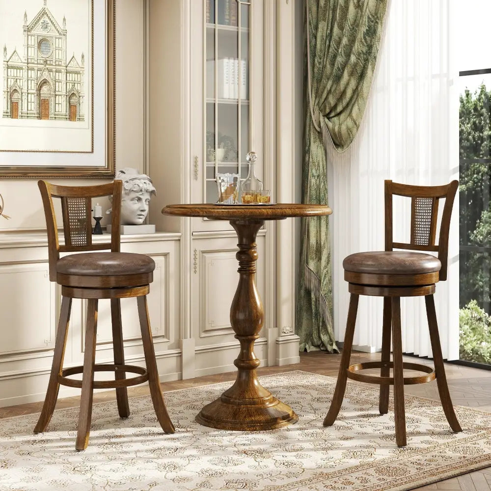 30 Inch Set of 2 Bar Stools with PE Rattan Backrest and Rubber Wood Frame-Brown Costway
