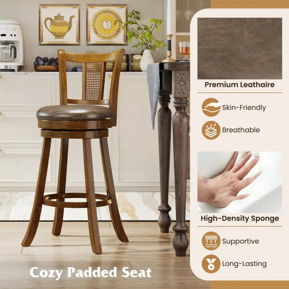 30 Inch Set of 2 Bar Stools with PE Rattan Backrest and Rubber Wood Frame-Brown Costway