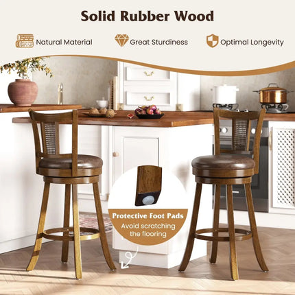 30 Inch Set of 2 Bar Stools with PE Rattan Backrest and Rubber Wood Frame-Brown Costway
