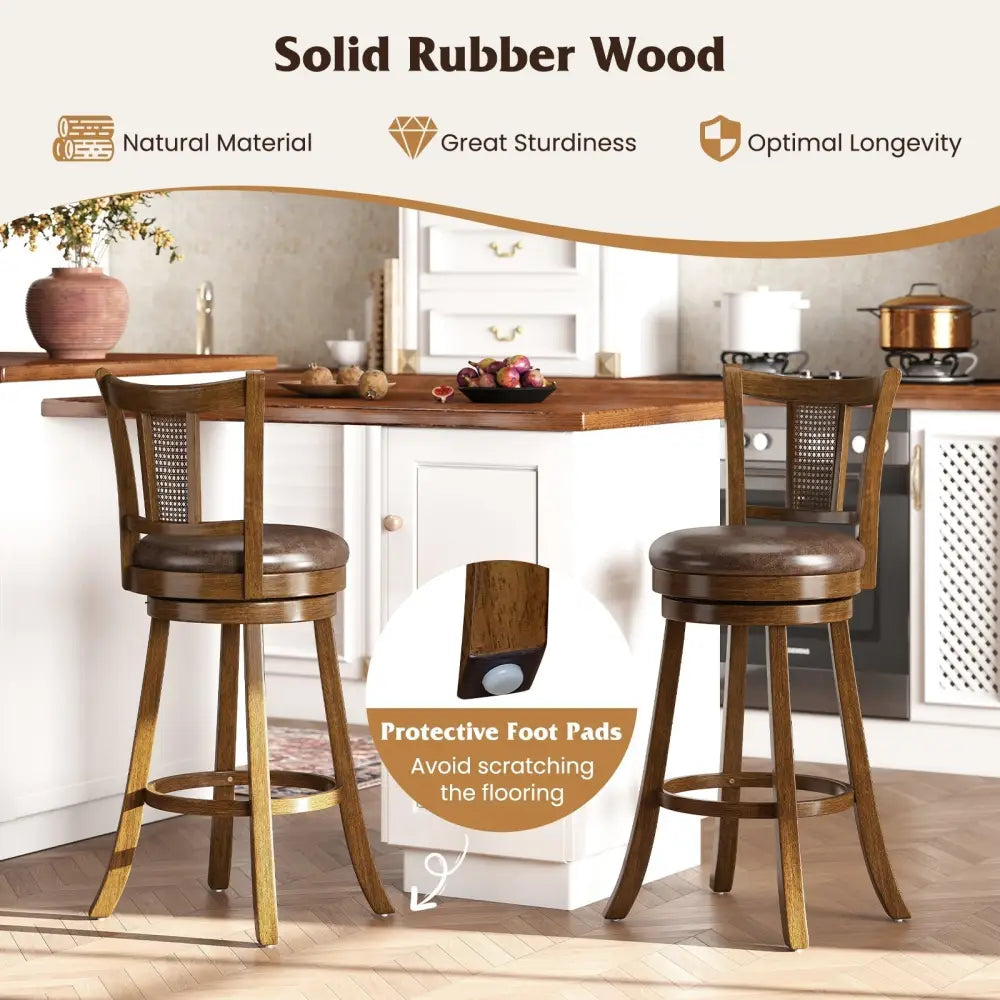 30 Inch Set of 2 Bar Stools with PE Rattan Backrest and Rubber Wood Frame-Brown Costway