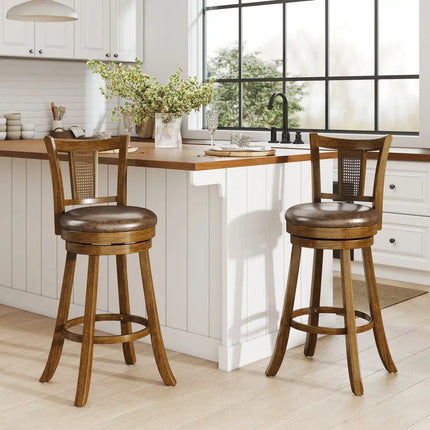 30 Inch Set of 2 Bar Stools with PE Rattan Backrest and Rubber Wood Frame-Brown Costway