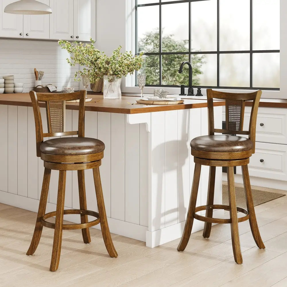30 Inch Set of 2 Bar Stools with PE Rattan Backrest and Rubber Wood Frame-Brown Costway