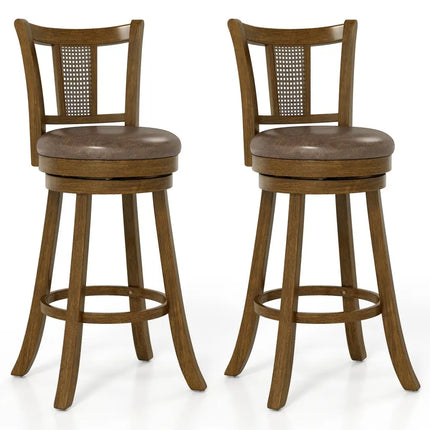 30 Inch Set of 2 Bar Stools with PE Rattan Backrest and Rubber Wood Frame-Brown Costway