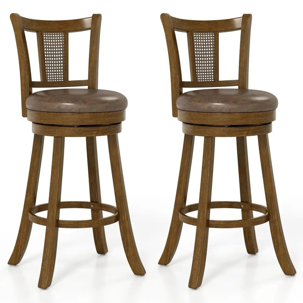 30 Inch Set of 2 Bar Stools with PE Rattan Backrest and Rubber Wood Frame-Brown Costway
