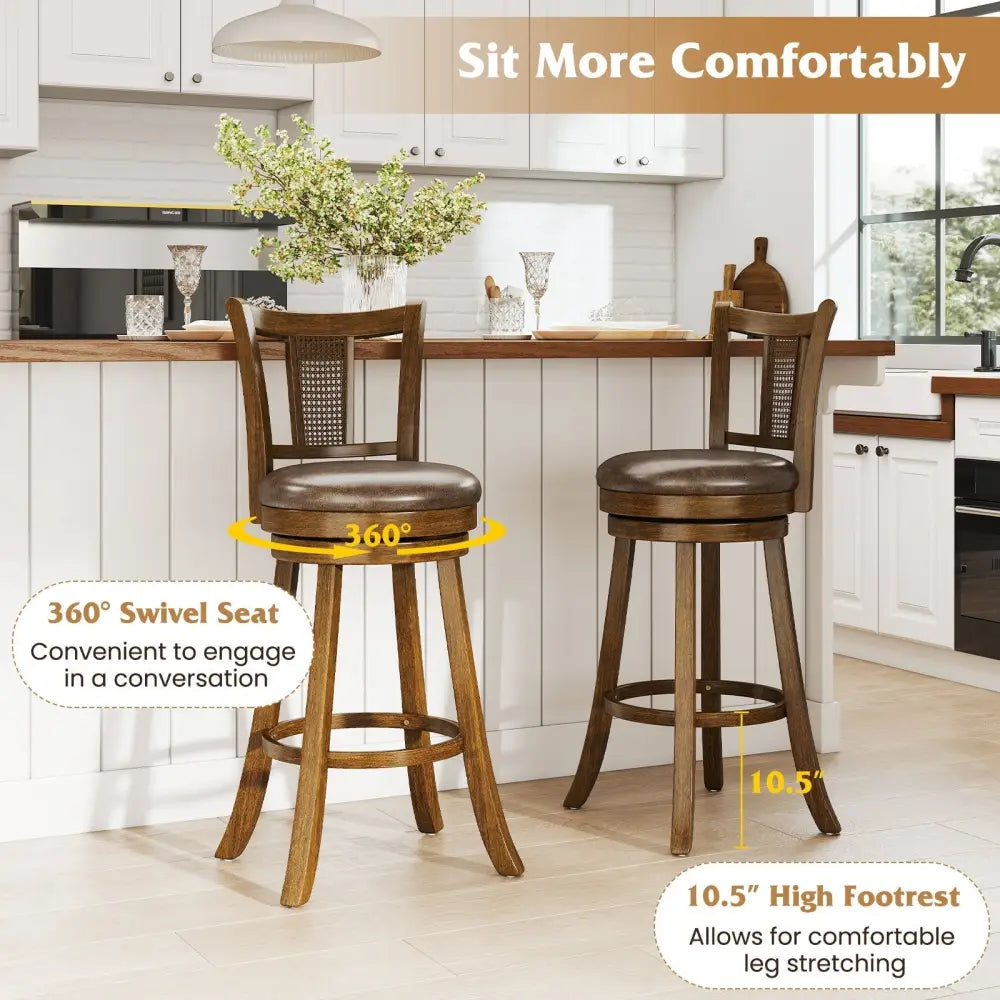 30 Inch Set of 2 Bar Stools with PE Rattan Backrest and Rubber Wood Frame-Brown Costway