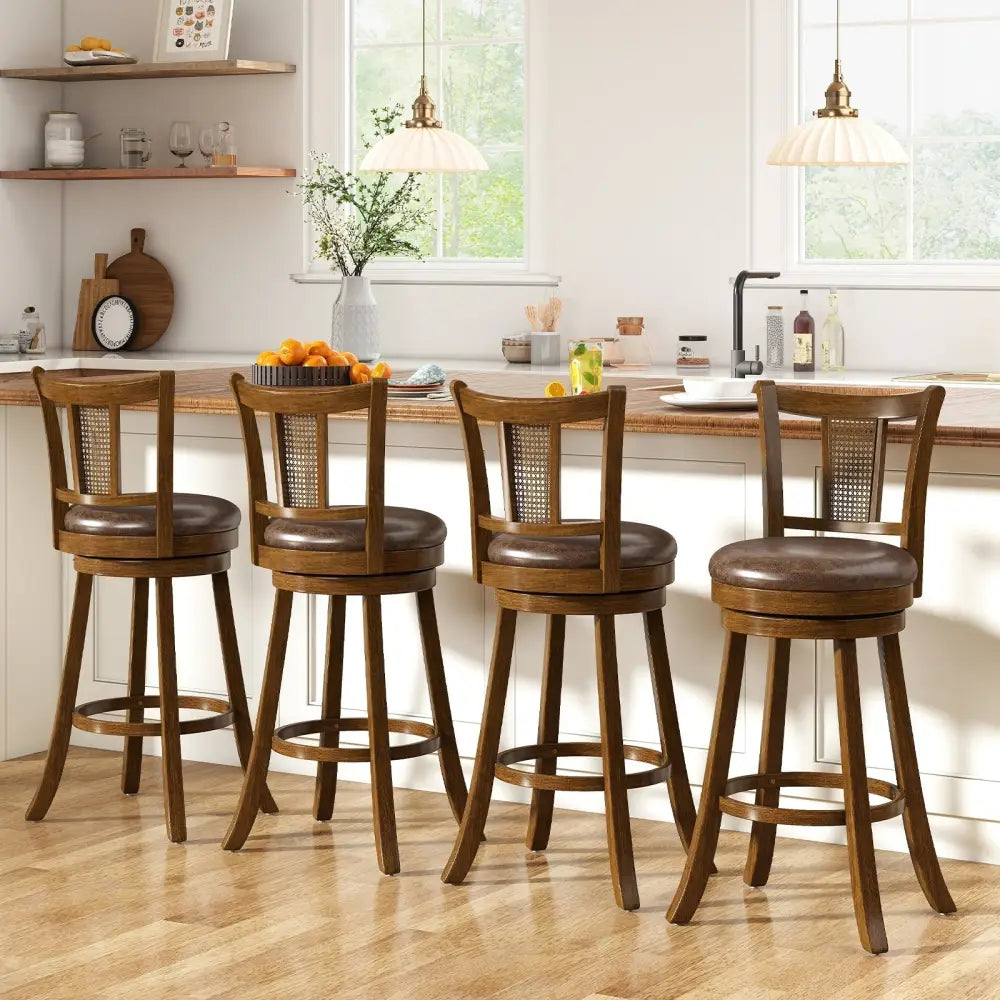30 Inch Set of 2 Bar Stools with PE Rattan Backrest and Rubber Wood Frame-Brown Costway