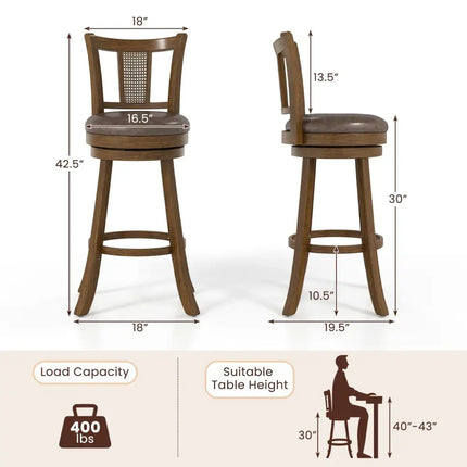 30 Inch Set of 2 Bar Stools with PE Rattan Backrest and Rubber Wood Frame-Brown Costway