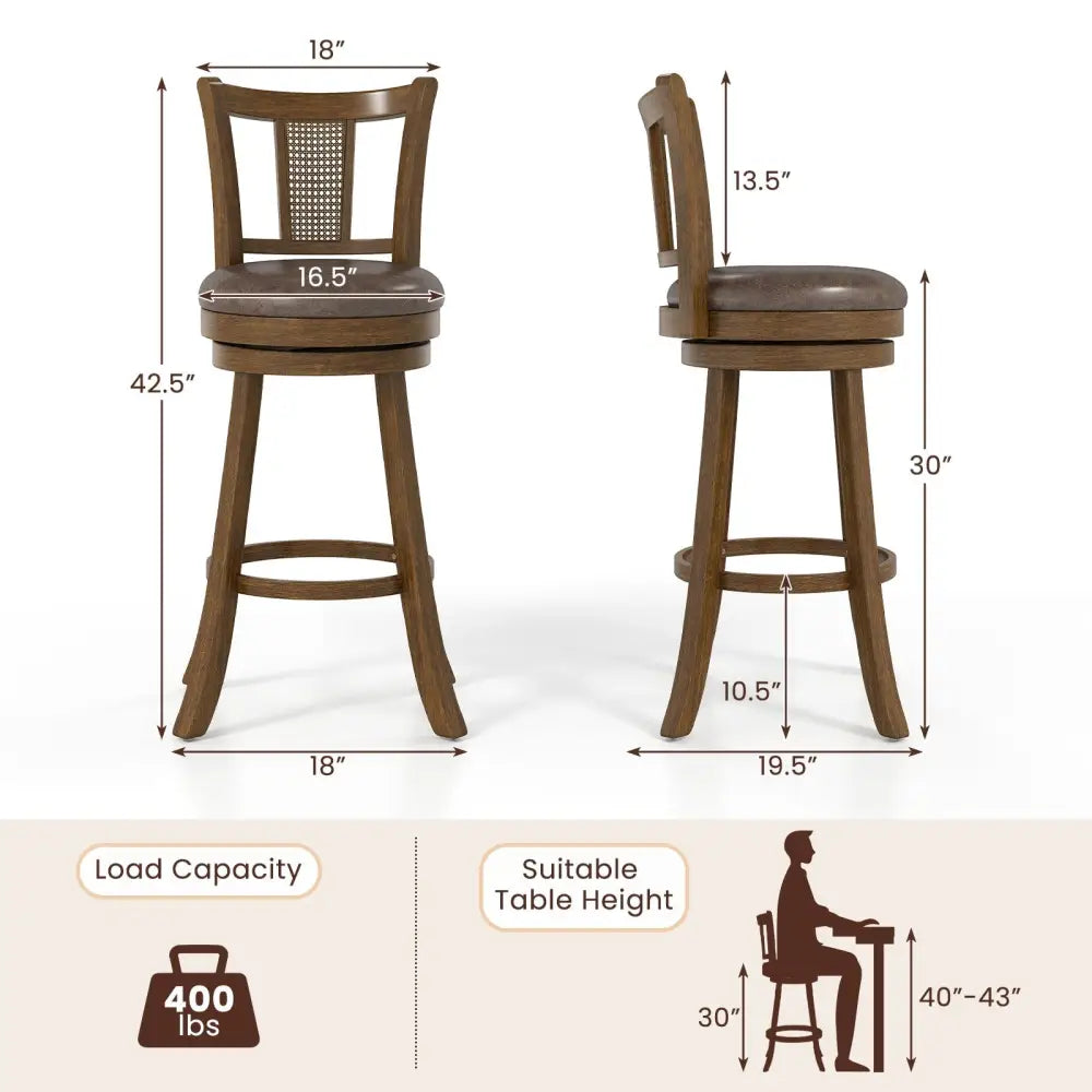 30 Inch Set of 2 Bar Stools with PE Rattan Backrest and Rubber Wood Frame-Brown Costway