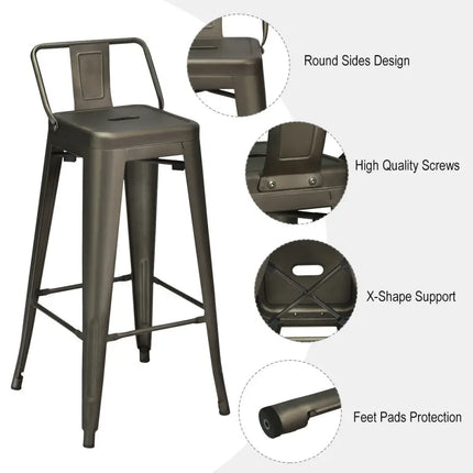 30 Inch Set of 4 Metal Counter Height Barstools with Low Back and Rubber Feet-Gun Costway
