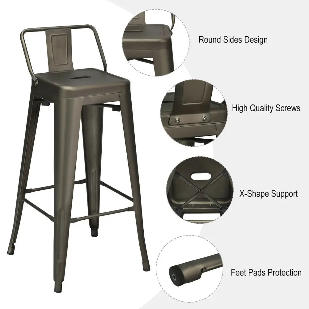 30 Inch Set of 4 Metal Counter Height Barstools with Low Back and Rubber Feet-Gun Costway