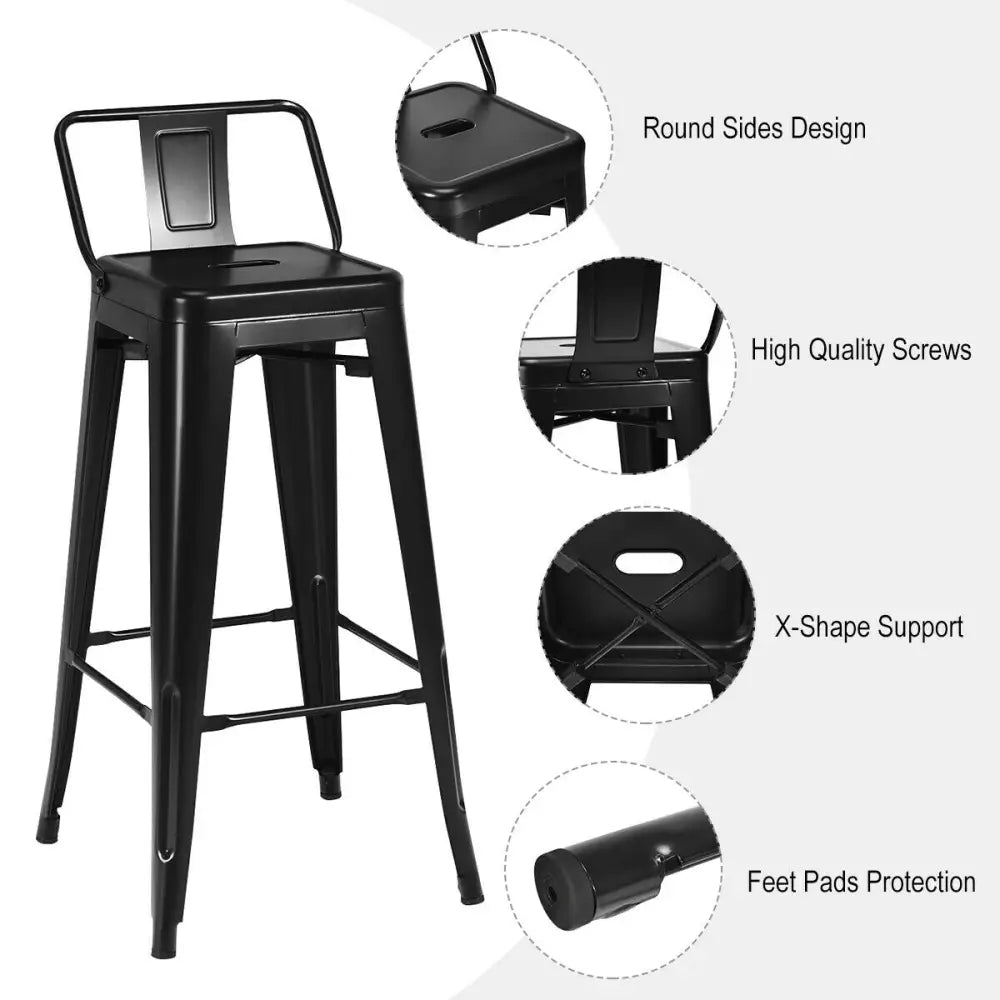 30 Inch Set of 4 Metal Counter Height Barstools with Low Back and Rubber Feet-Black Costway