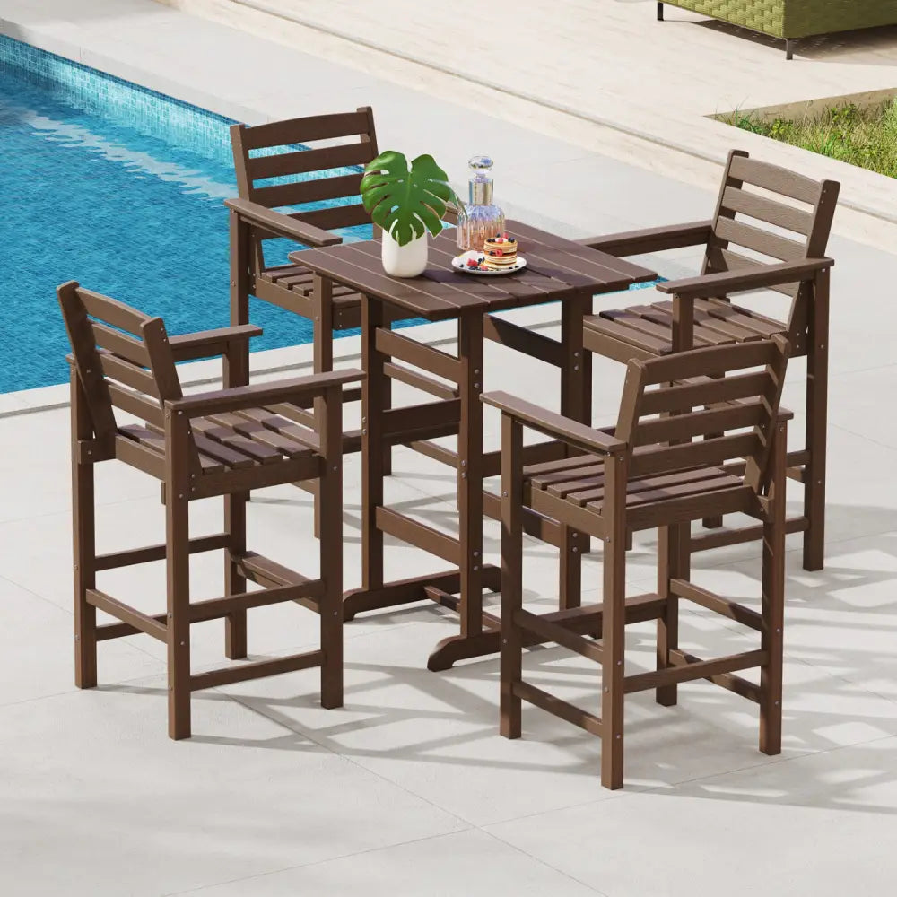 30 Inch Square Bar Table Dining Table with Slatted Tabletop for Poolside-Brown - Brown - Patio Bar Furniture