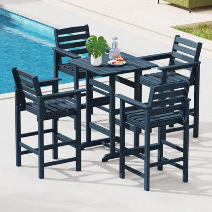 30 Inch Square Bar Table Dining Table with Slatted Tabletop for Poolside-Navy - Navy - Patio Bar Furniture
