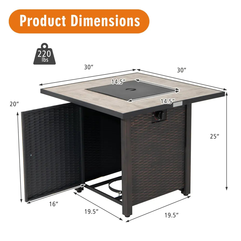 30 Inch Square Propane Gas Fire Pit Table Ceramic Tabletop - Gray - Fire Pit Tables