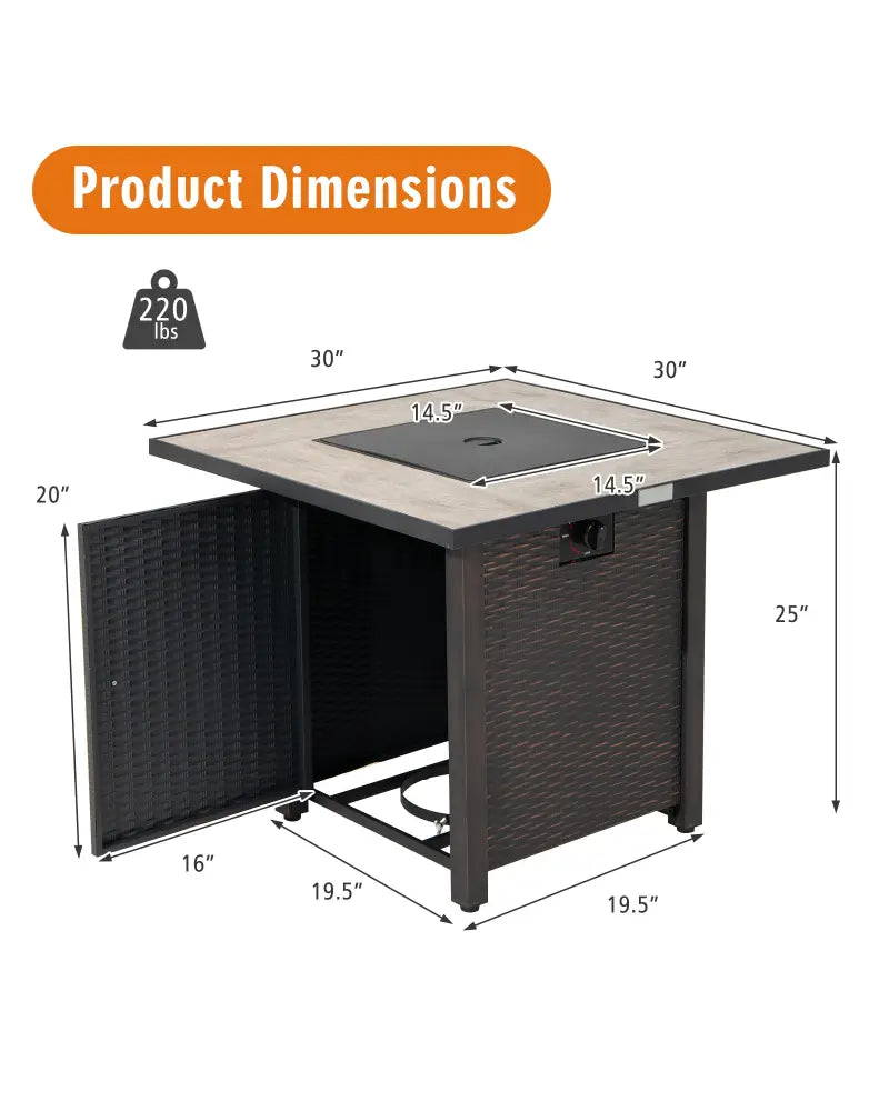 30 Inch Square Propane Gas Fire Pit Table Ceramic Tabletop - Gray - Fire Pit Tables