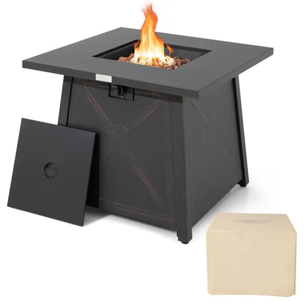 30 Inch Square Propane Gas Fire Table with Waterproof Cover - Black - Fire Pit Tables