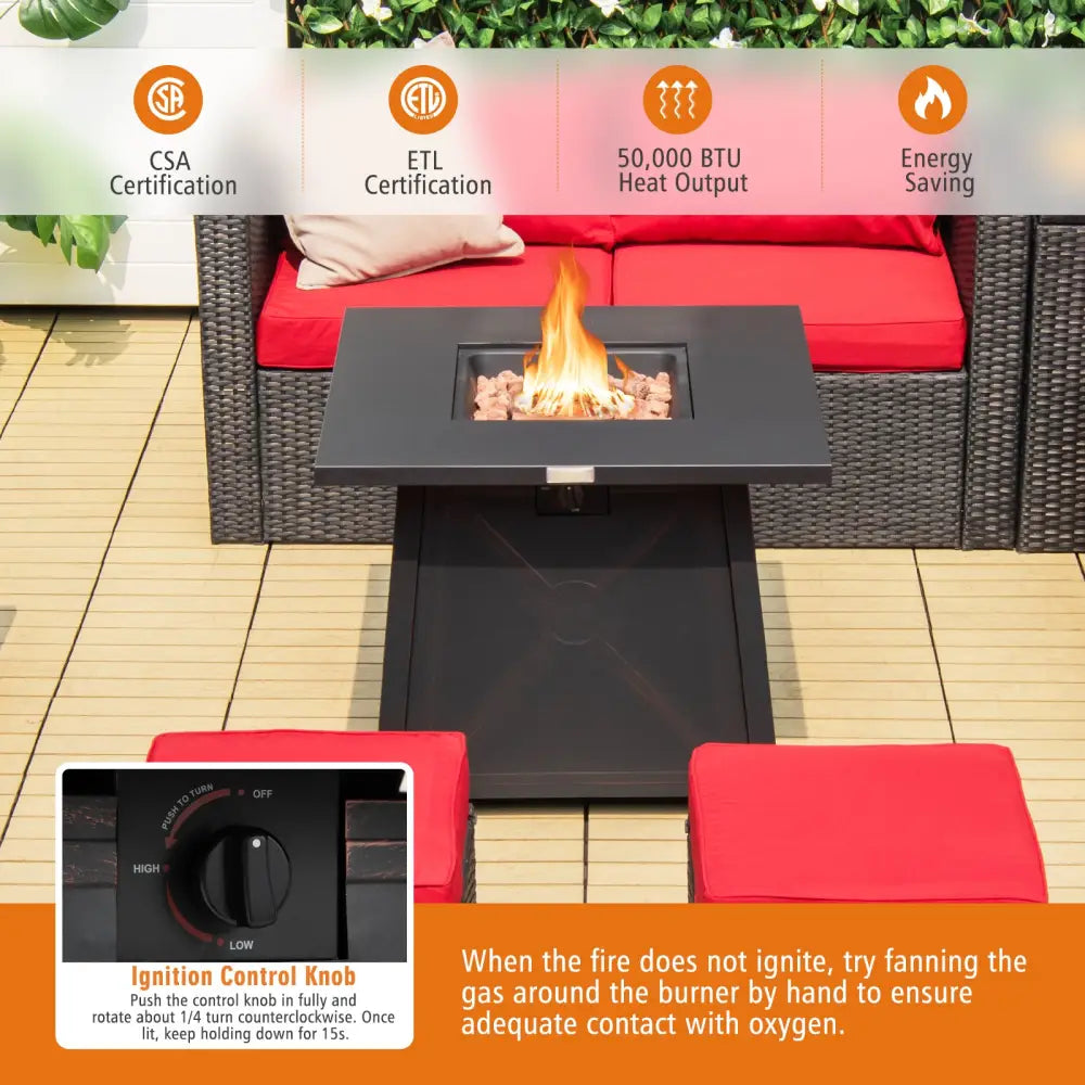 30 Inch Square Propane Gas Fire Table with Waterproof Cover - Black - Fire Pit Tables