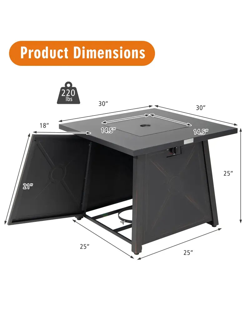 30 Inch Square Propane Gas Fire Table with Waterproof Cover - Black - Fire Pit Tables