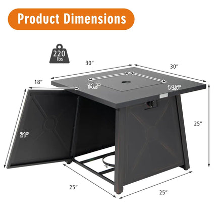 30 Inch Square Propane Gas Fire Table with Waterproof Cover - Black - Fire Pit Tables