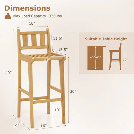 30 Inch Teak Wood Bar Chair with Footrest and Backrest for Deck Poolside Garden - Natural - Patio Bar Furniture