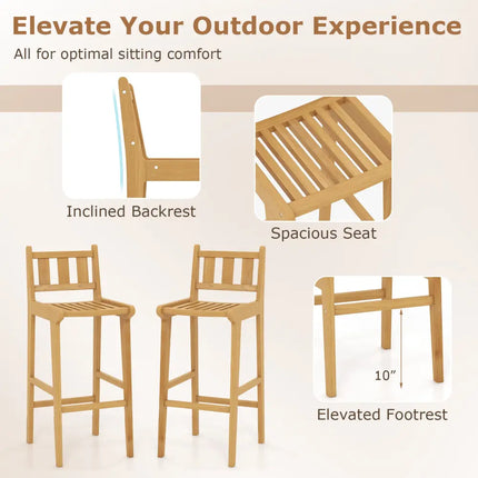 30 Inch Teak Wood Bar Chair with Footrest and Backrest for Deck Poolside Garden - Natural - Patio Bar Furniture