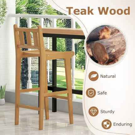 30 Inch Teak Wood Bar Chair with Footrest and Backrest for Deck Poolside Garden - Natural - Patio Bar Furniture