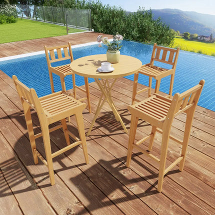 30 Inch Teak Wood Bar Chair with Footrest and Backrest for Deck Poolside Garden - Natural - Patio Bar Furniture