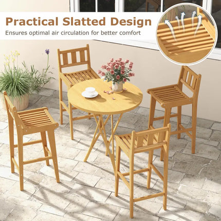 30 Inch Teak Wood Bar Chair with Footrest and Backrest for Deck Poolside Garden - Natural - Patio Bar Furniture
