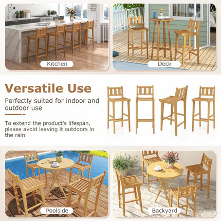 30 Inch Teak Wood Bar Chair with Footrest and Backrest for Deck Poolside Garden - Natural - Patio Bar Furniture