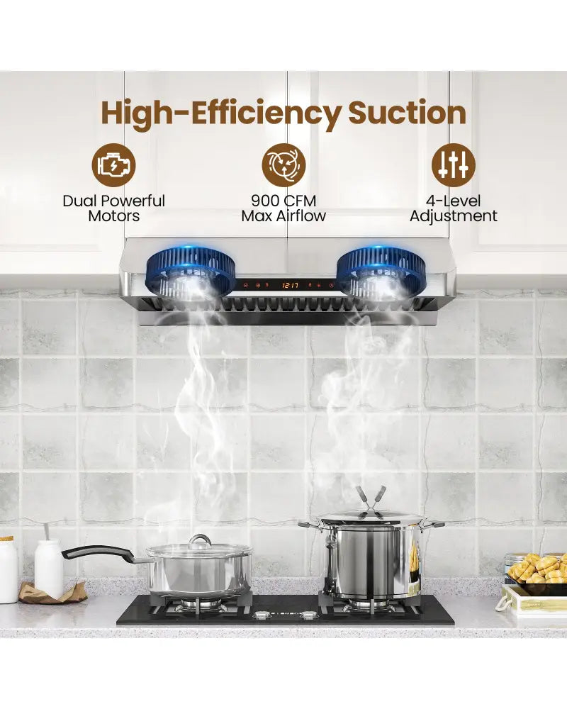 30 Inch Under Cabinet Range Hood with Oil Collector 900 CFM Stainless Steel Kitchen Vent-Silver - Silver - Kitchen