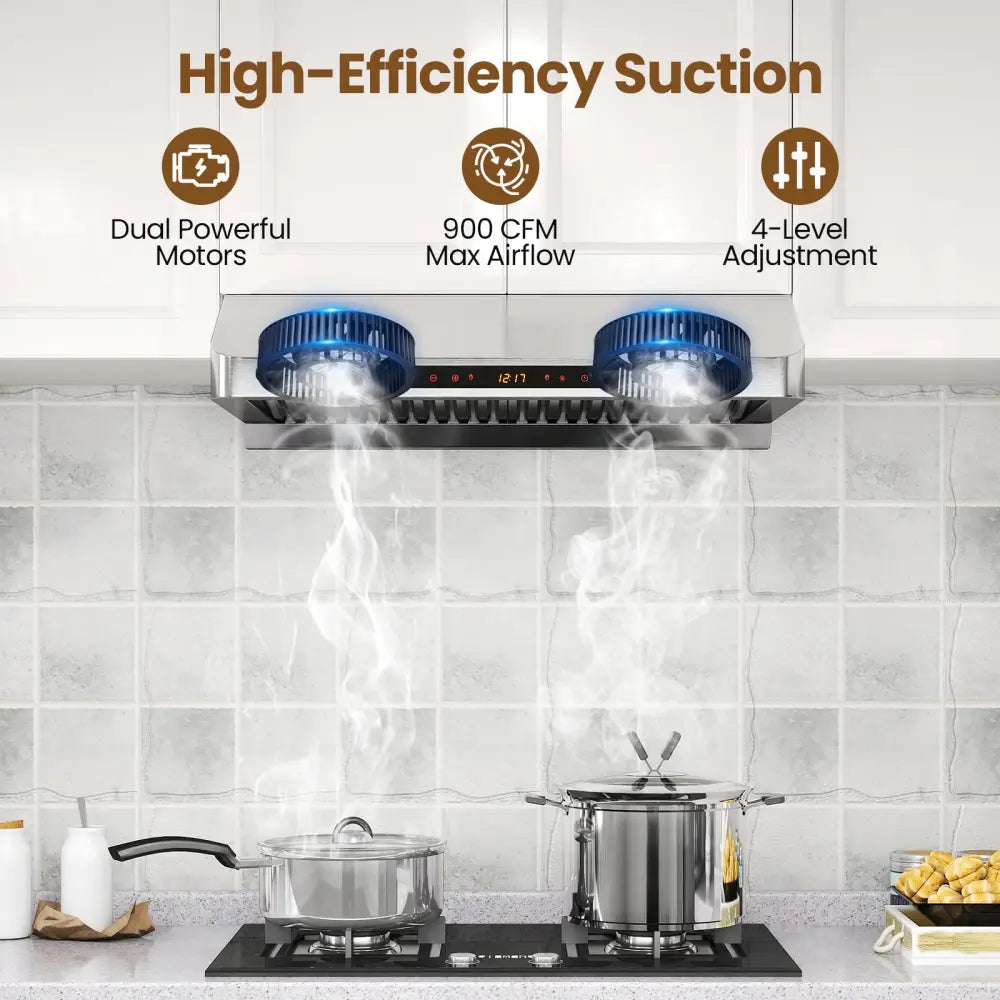 30 Inch Under Cabinet Range Hood with Oil Collector 900 CFM Stainless Steel Kitchen Vent-Silver - Silver - Kitchen